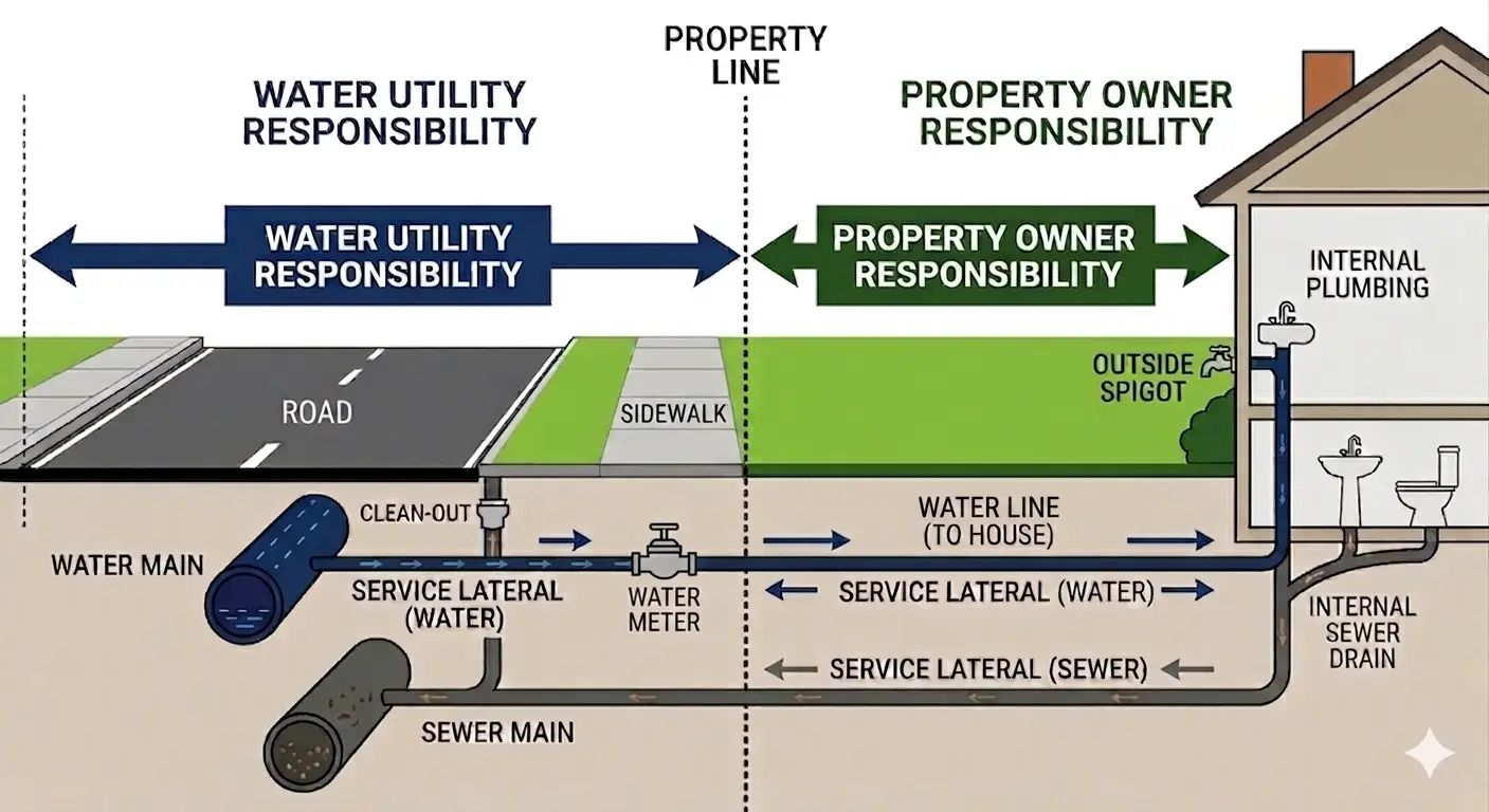 Diagrama que muestra la línea de propiedad que divide la responsabilidad de la empresa de agua y del propietario